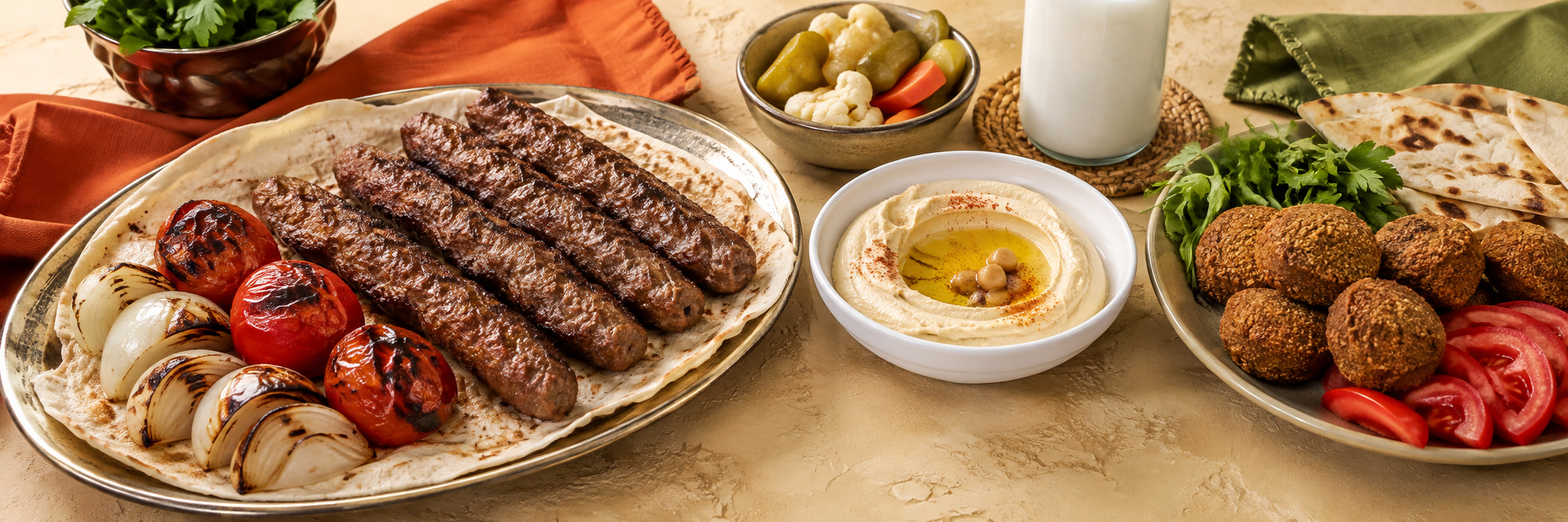 كباب عراقي مشوي مع الحمص والفلافل والخبز